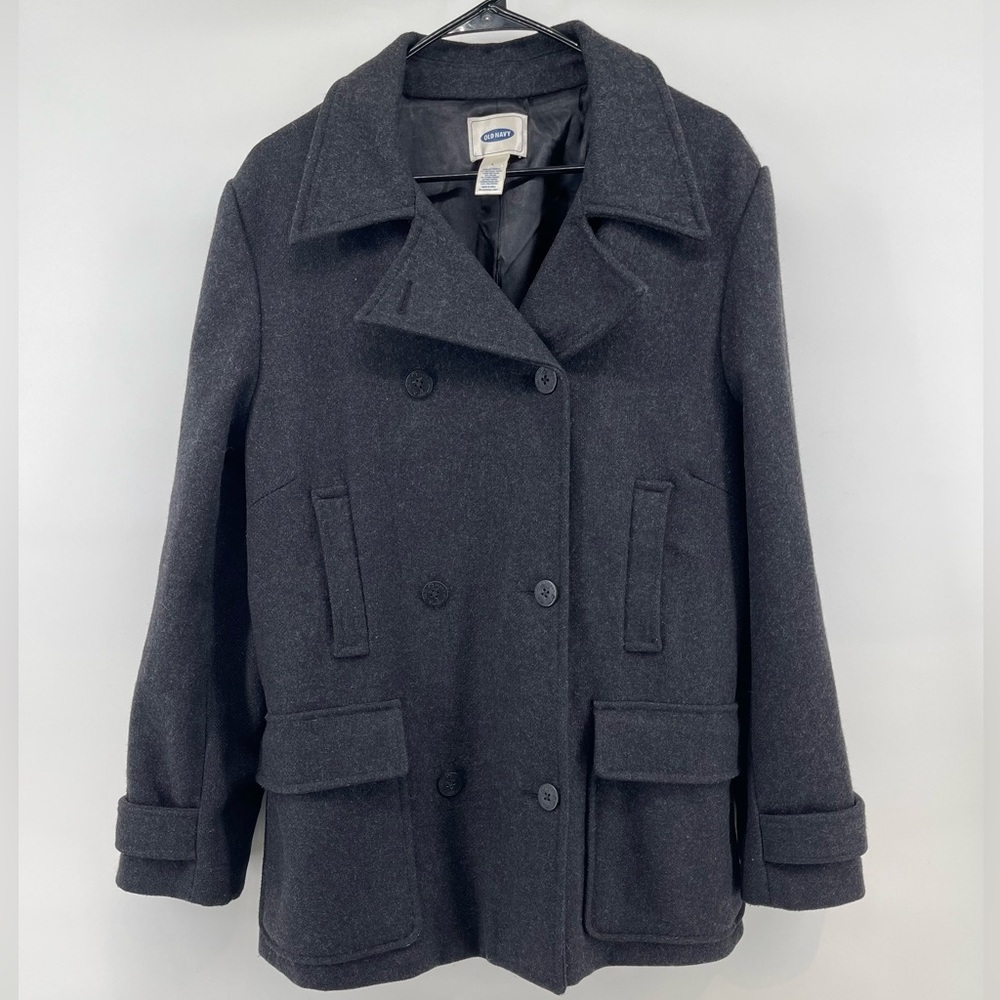 Old Navy Classic Charcoal Gray Peacoat Y2K Wool Warm Winter Womens Lapel Lg - Picture 1 of 10